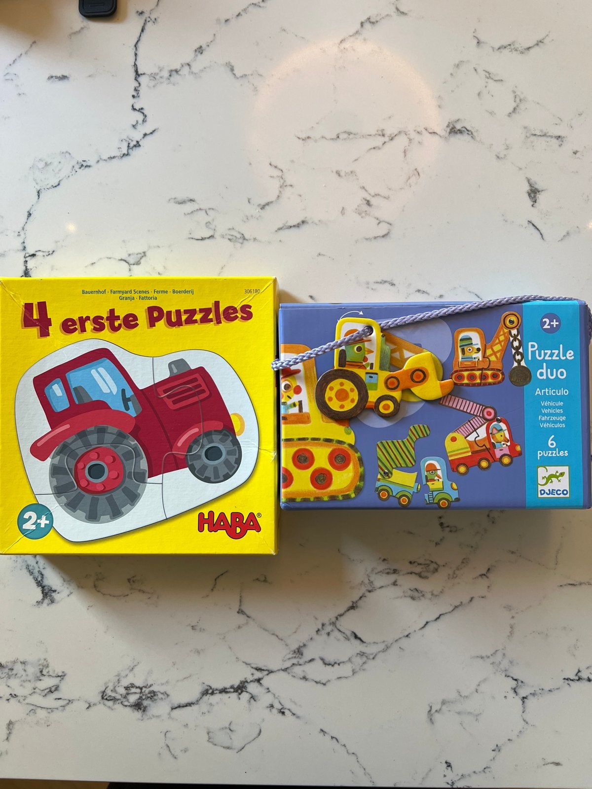 HABA 4 eerste Puzzels & Djeco Puzzle duo Voertuigen, Ophalen, 10 tot 50 stukjes, Zo goed als nieuw, 2 tot 4 jaar