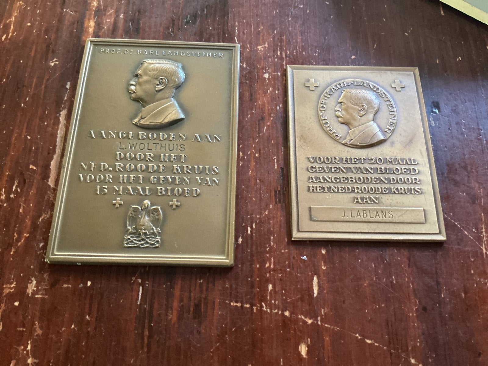 Twee Bronzen Karl Landsteiner Bloeddonatie Plaques, Ophalen of Verzenden, Brons, Nederland
