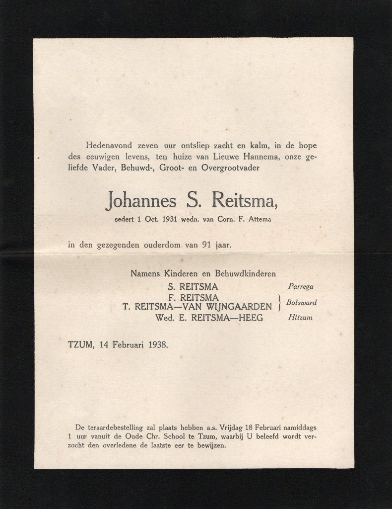 Rouwbrief Tzum Reitsma Van Wijngaarden Heeg 1938., Ophalen of Verzenden, Rouwkaart