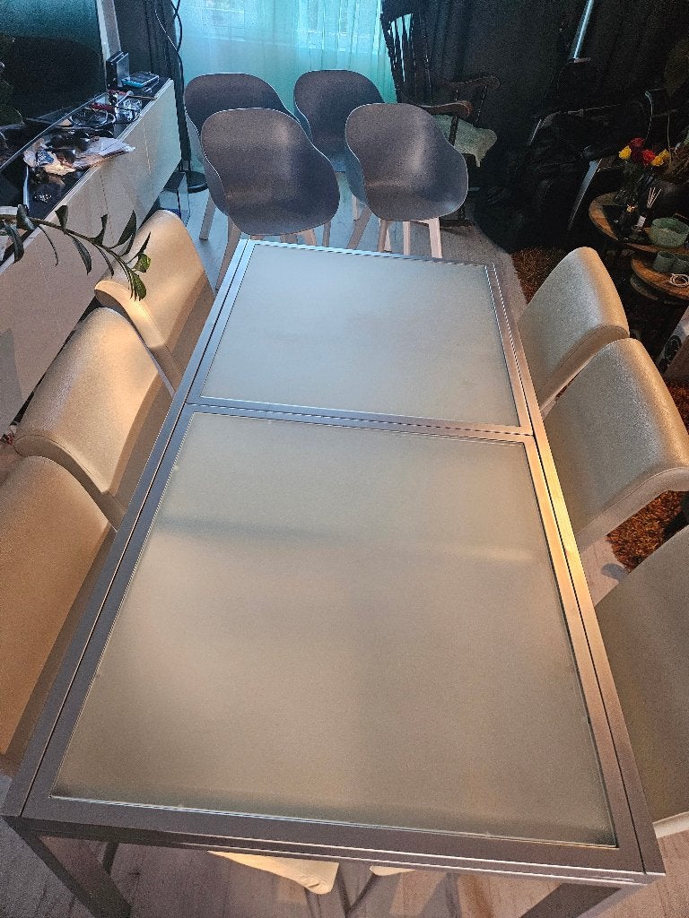Uitschuifbare eettafel en 6 eetstoelen, Huis en Inrichting, Tafels | Eettafels, Ophalen, Strak, Gebruikt, 50 tot 100 cm