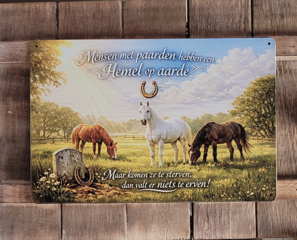 Mensen met paarden hemel op aarde reclamebord van metaal, Info@deconoord.nl, Nieuw, Ophalen of Verzenden, Deco noord