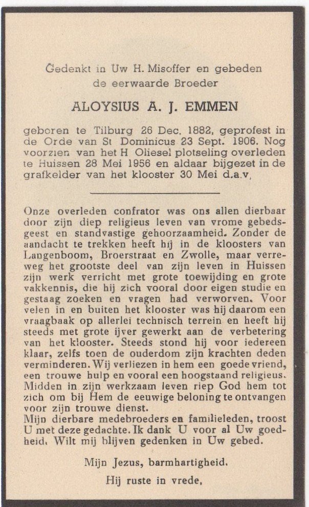 broeder Aloysius Emmen 1882 Tilburg + 1958 Huissen, 73 jaar, Verzenden