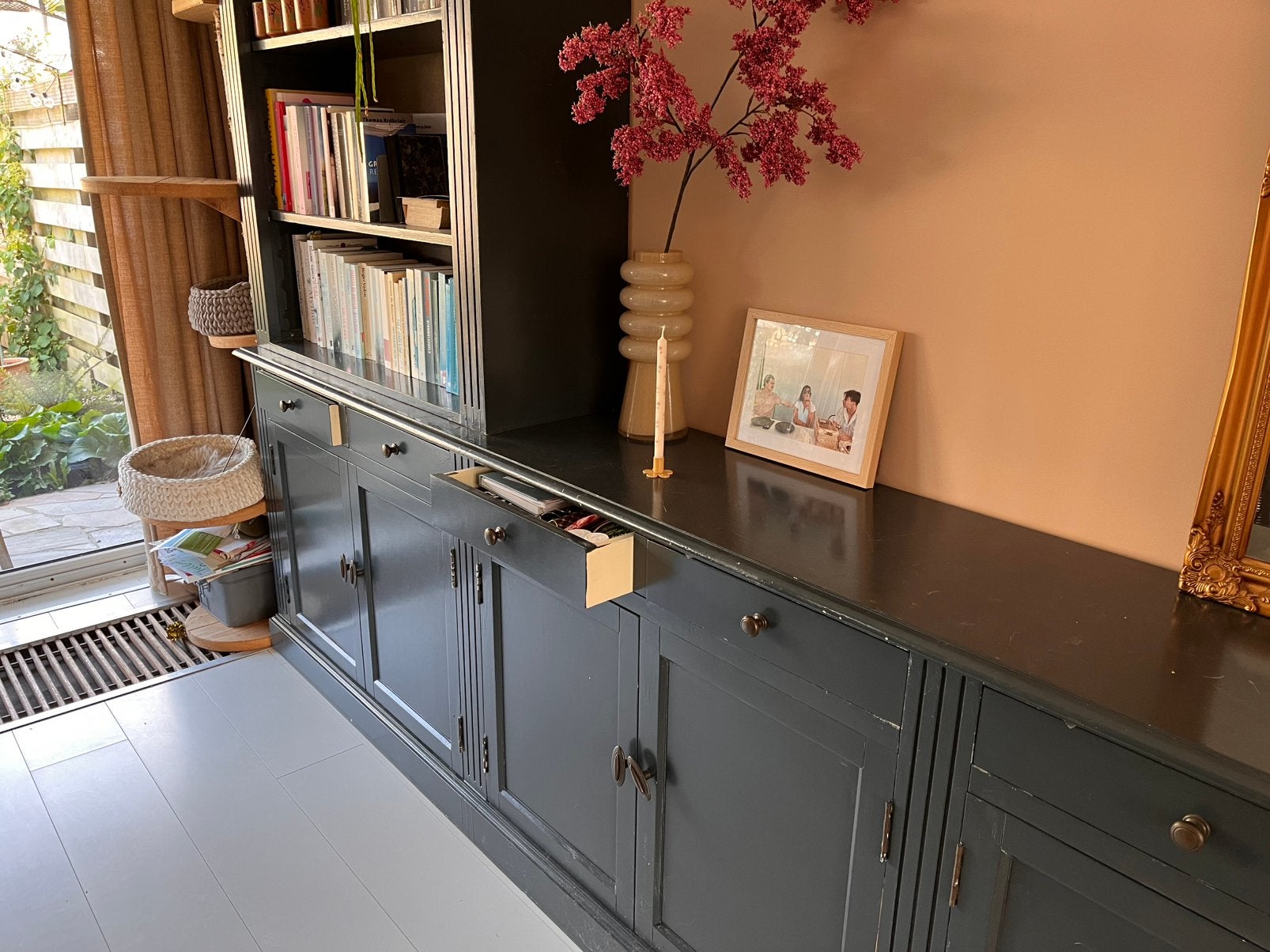 Houten Modulaire boekenkast- dressoir, Ophalen, Gebruikt, Met deur(en), 200 cm of meer