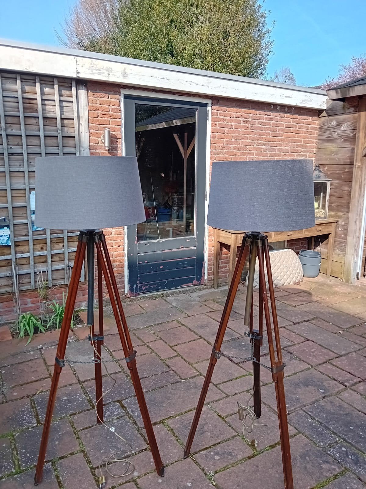 Set van 2 vintage vloerlampen met grijze kappen, Ophalen, Gebruikt, Vintage, Industrieel, 150 tot 200 cm
