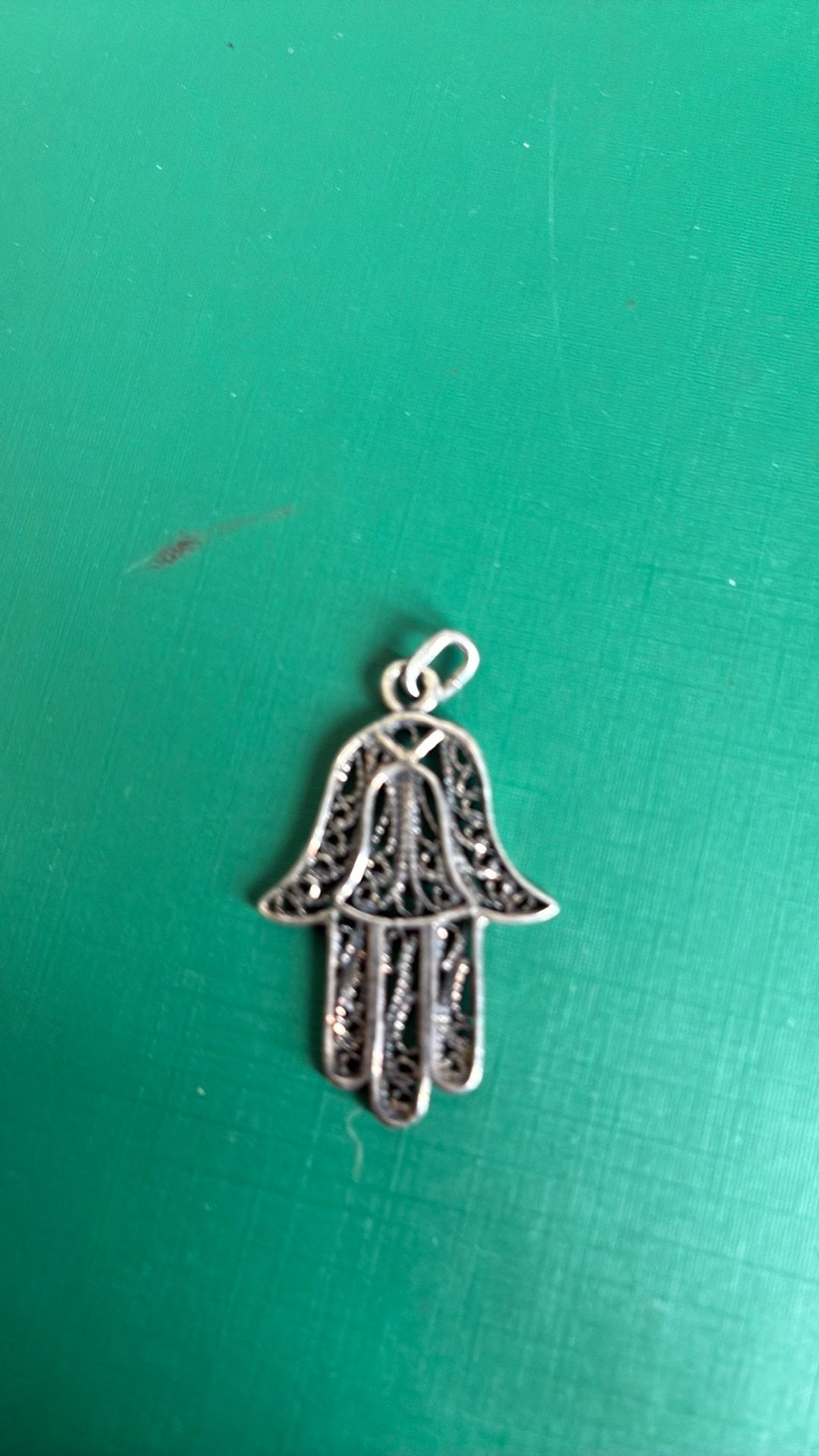 925 sterling zilver hanger Hamzeh hand Fatima filigraine, Gebruikt, Ophalen of Verzenden, Kruis of Symbool, Zilver