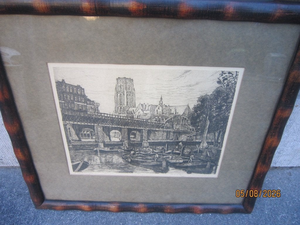 Oud Rotterd. WEST NIEUWLAND, ETS MARIUS JANSEN, Antiek en Kunst, Kunst | Etsen en Gravures, Ophalen, Dagelijks leven, Ets, 1900 - 1949