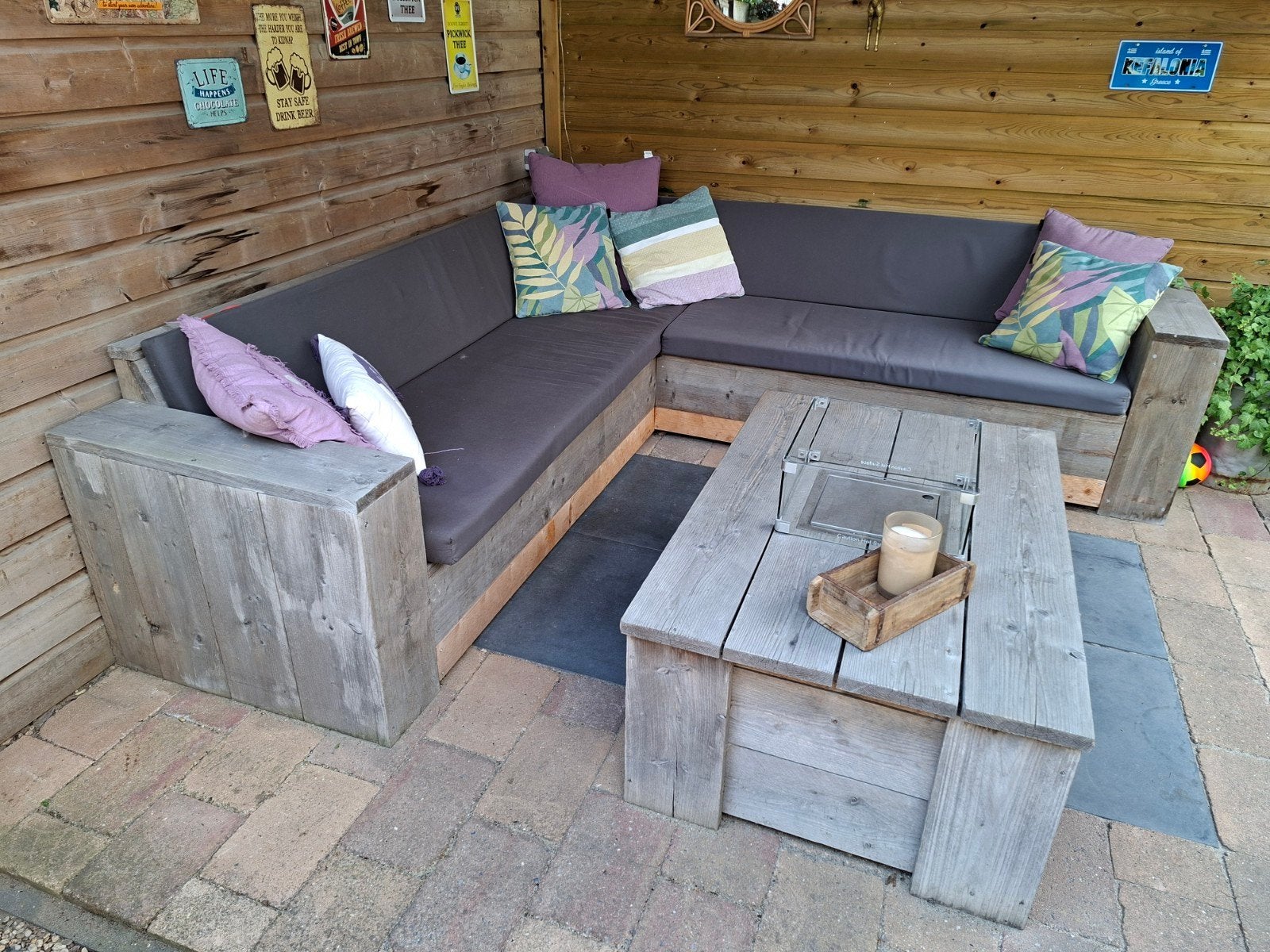 Steigerhouten Loungeset met Gashaard - 2.50m x 2.50m, Ophalen, 5 zitplaatsen, Gebruikt, Steigerhout