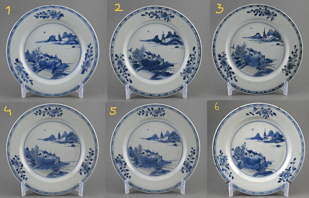 6x Chinees blauw-wit porseleinen bord, 18e eeuw, Antiek en Kunst, Verzenden