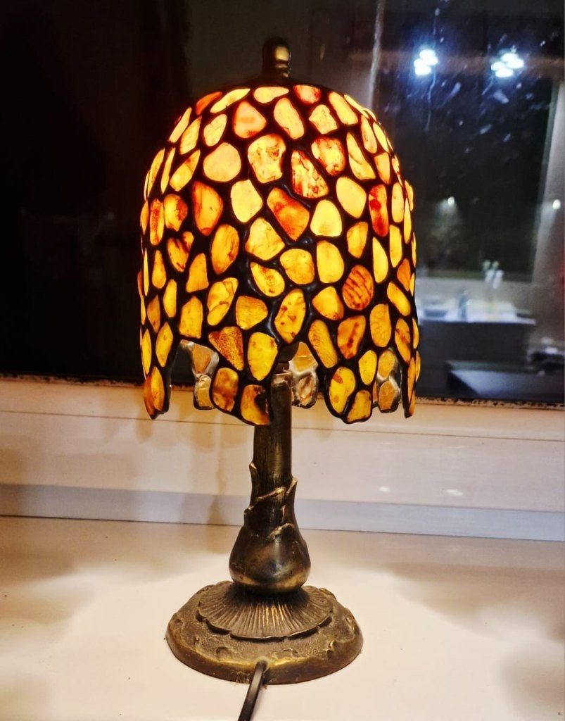 Unieke tafellamp-originele Poolse barnsteen–certificaat, Tiffany lamp, Vintage, Oranje, Ophalen of Verzenden