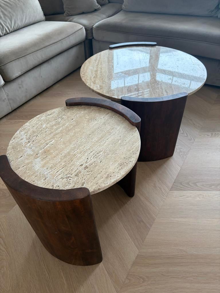Studio LIVIT Odia salontafel japandi walnoot travertin, Ophalen, Rond, 50 tot 100 cm, Zo goed als nieuw