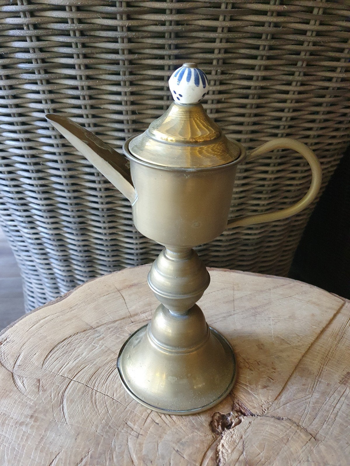 Vintage Messing Olie Lamp snotneus met Delfts Blauw Knopje, Ophalen of Verzenden, Koper