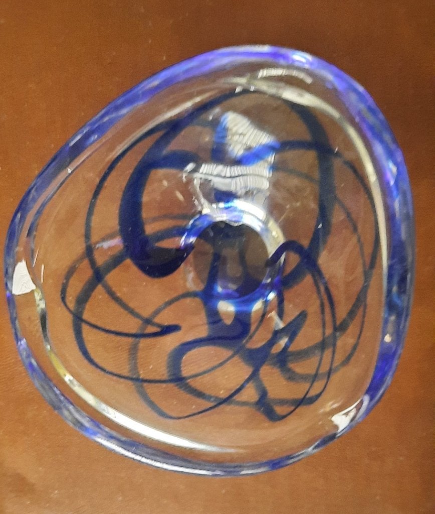 glazen asbak - helder glas met blauwe slingers, Ophalen of Verzenden