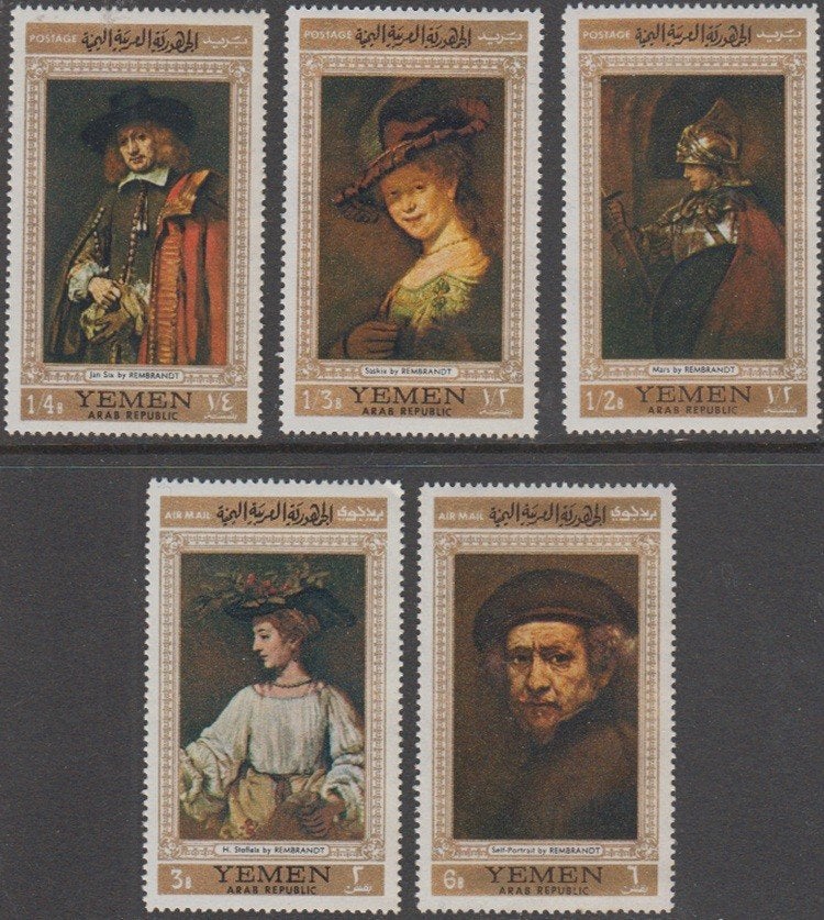 Schilderijen Rembrandt, Jemen (Noordjemen) Michel B 751/755, Ophalen of Verzenden, Postfris, Overige thema's