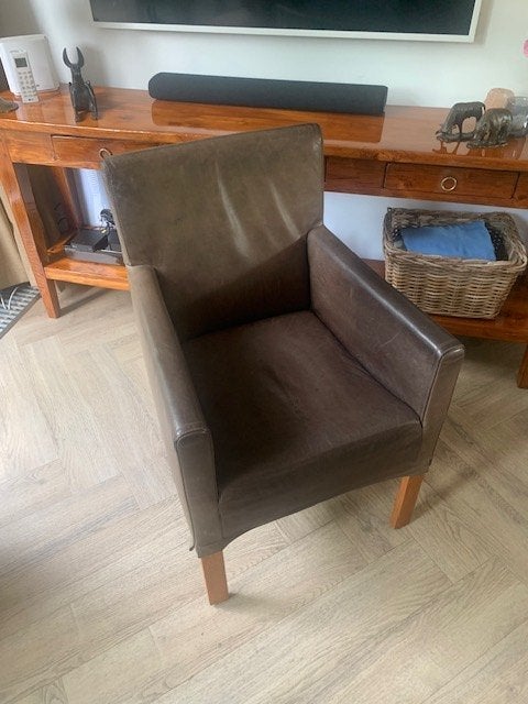 Vier eetkamerstoelen, bruin leer, Bert Plantagie GRATIS, Ophalen, Gebruikt, Bruin, Hout