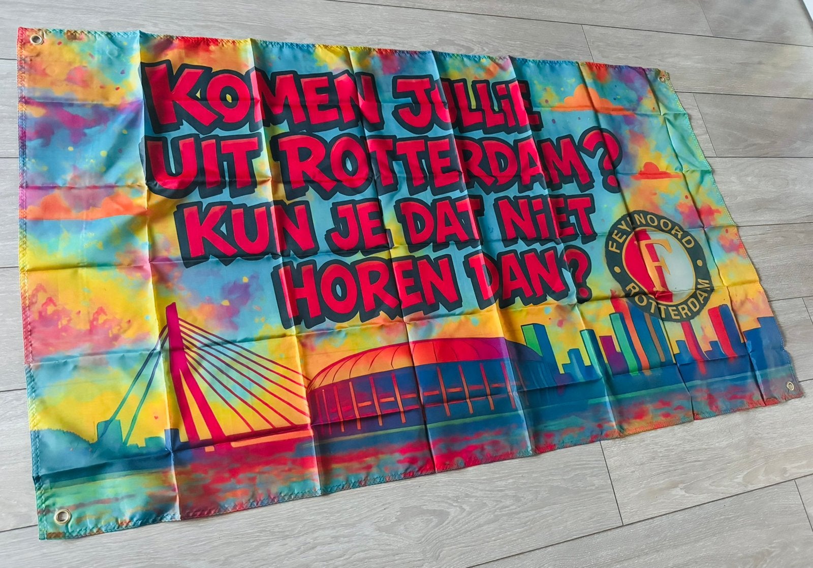 NIEUWE ‘Komen jullie uit Rotterdam’ Feyenoord Vlag, Ophalen of Verzenden, Nieuw, Feyenoord