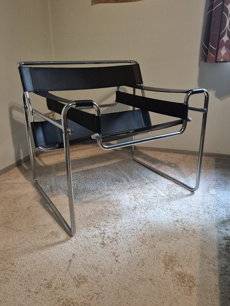 Wassily stoel replica zwart leer met chroom, Ophalen, Bauhaus, Minder dan 75 cm, Nieuw