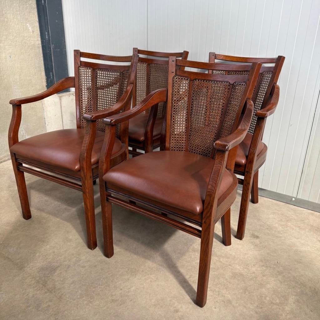 4 stoelen kersenhout Bannink Jugendstil eetkamerfauteuils, Ophalen, Gebruikt, Bruin, Vier