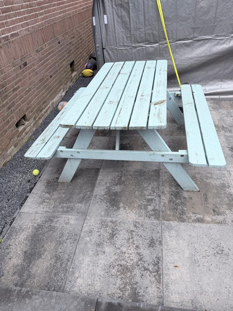 Houten picknicktafel - 150x75 cm - Lichtblauw, Tuin en Terras, Ophalen, Gebruikt, Rechthoekig, Hout