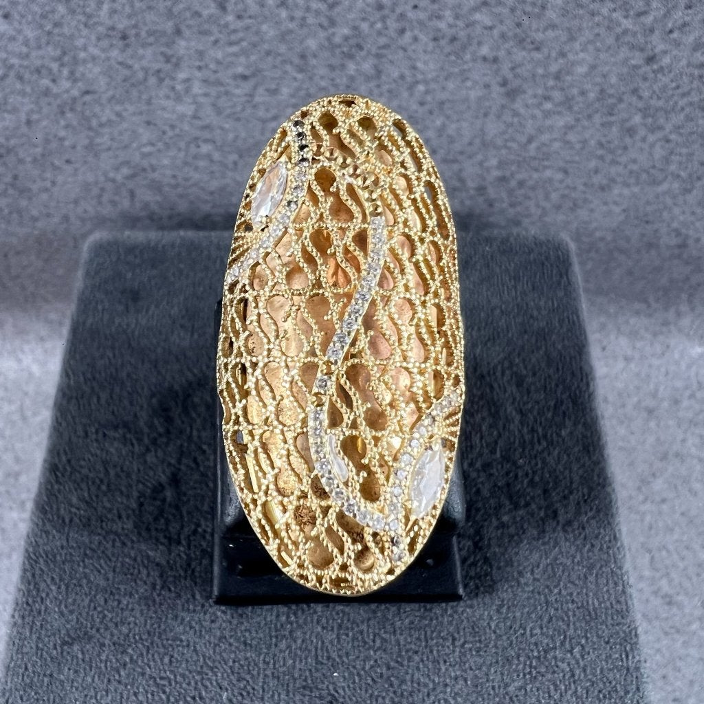 Gouden Ring | 14k | 7,36g | ovale tafel +zirk | 20,5| 413455, Gebruikt, 20 of groter, Ophalen of Verzenden, Dame