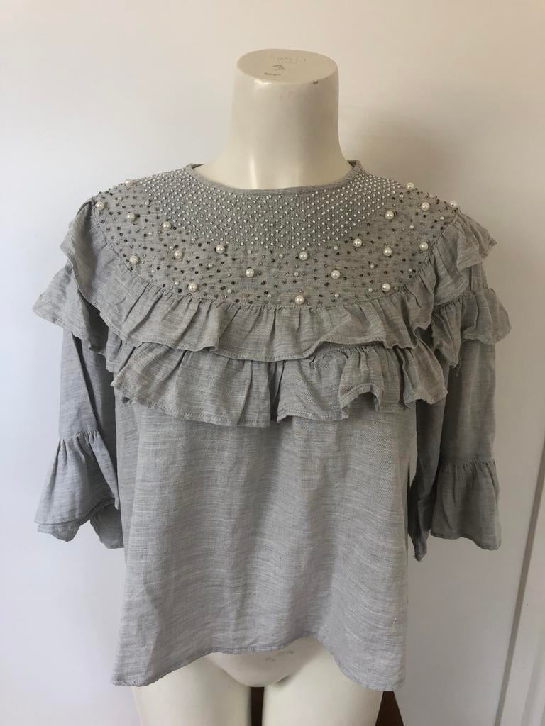 Zara lichtgrijs blouse top parels franjes m, Maat 38/40 (M), Ophalen of Verzenden, Zo goed als nieuw, X