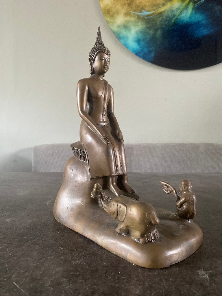 Grote Bronzen boeddha met aap en olifant beeld, Gebruikt, Nvt particulier, Ophalen of Verzenden, Nvt particulier