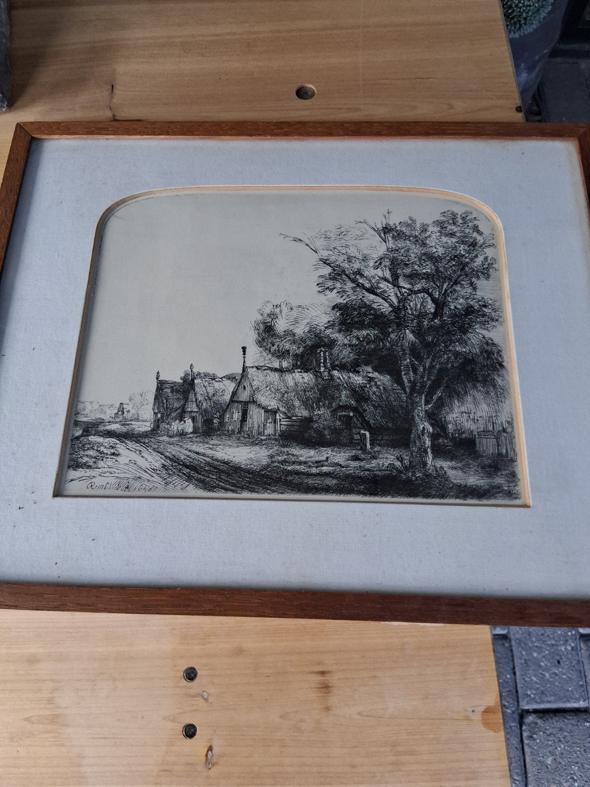 Ets van Rembrandt van Rijn, Landschap met huisjes, Antiek en Kunst, Ophalen, Ingelijst, Ets, 1600 - 1699