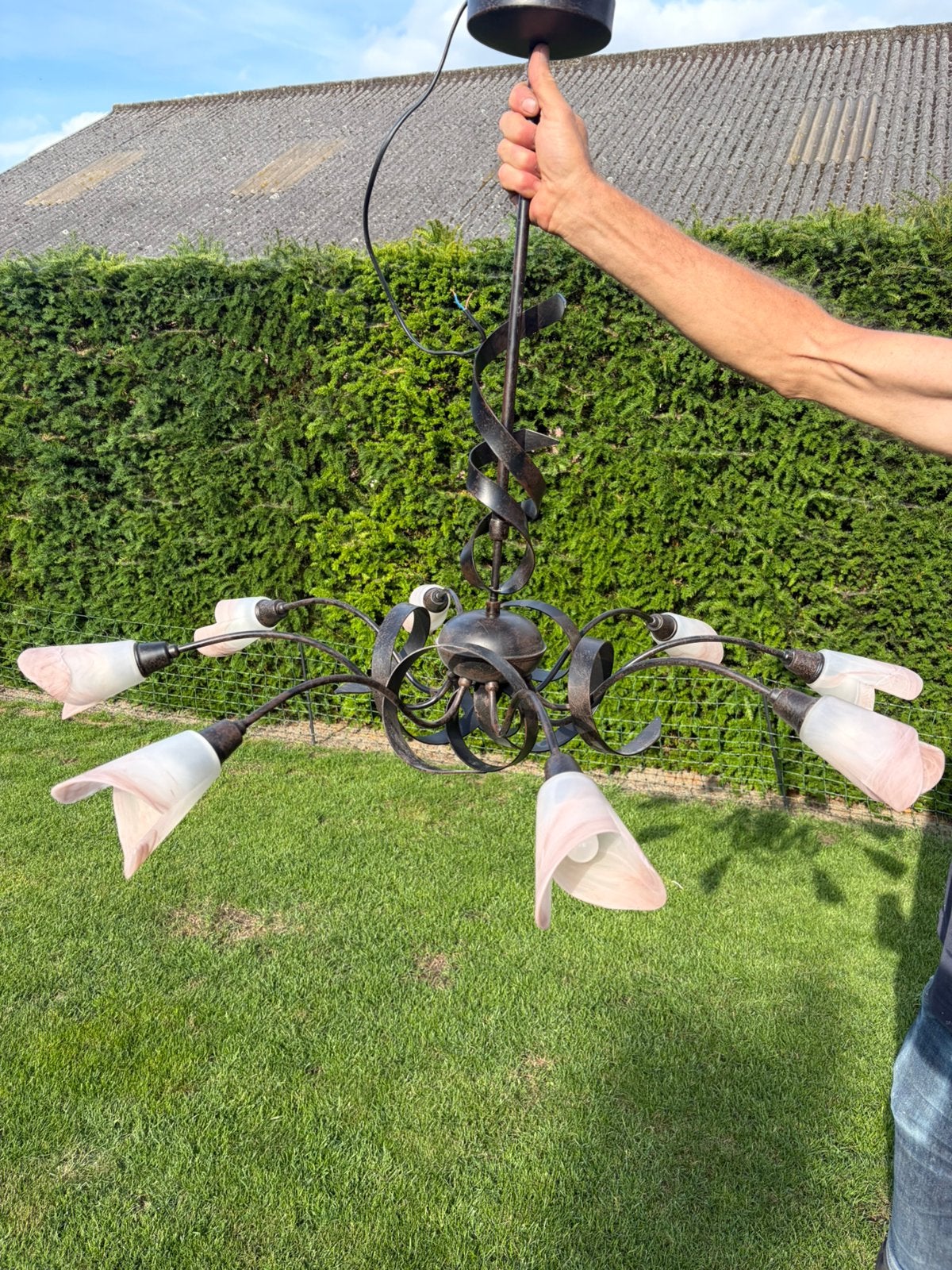 Hanglamp met 6 tulp lampenkapjes, Ophalen, Zo goed als nieuw