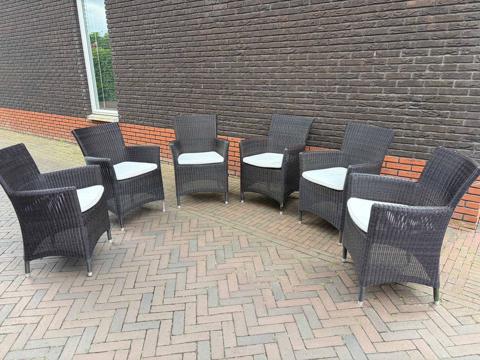 6 Wicker tuinstoelen met kussens, Ophalen of Verzenden, Gebruikt, Wicker