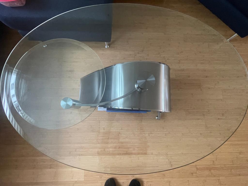 Te koop matglazen eettafel (zonder stoelen) en salontafel, Ophalen, 100 tot 150 cm, Vijf personen of meer, 150 tot 200 cm