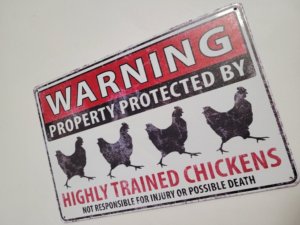 Warning protected by chickens kippen metalen reclamebord, Info@deconoord.nl, Deco Noord, Nieuw, Ophalen of Verzenden