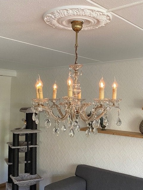 Elegante Kroonluchter met Kristallen Hangers, Ophalen, Gebruikt, E14 (klein)