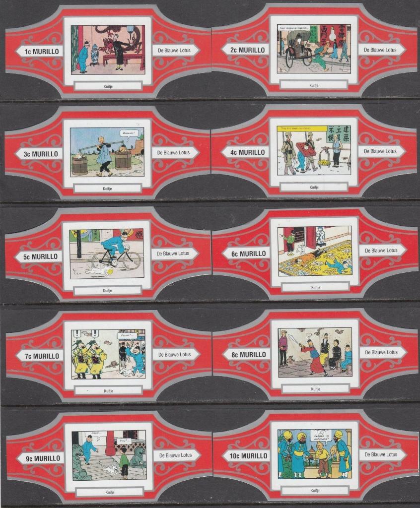 Sigarenbanden Kuifje De Blauw Lotus, Murillo 1c-10c rood-z., Verzamelen, Ophalen of Verzenden, Nieuw, Sigarenbandjes