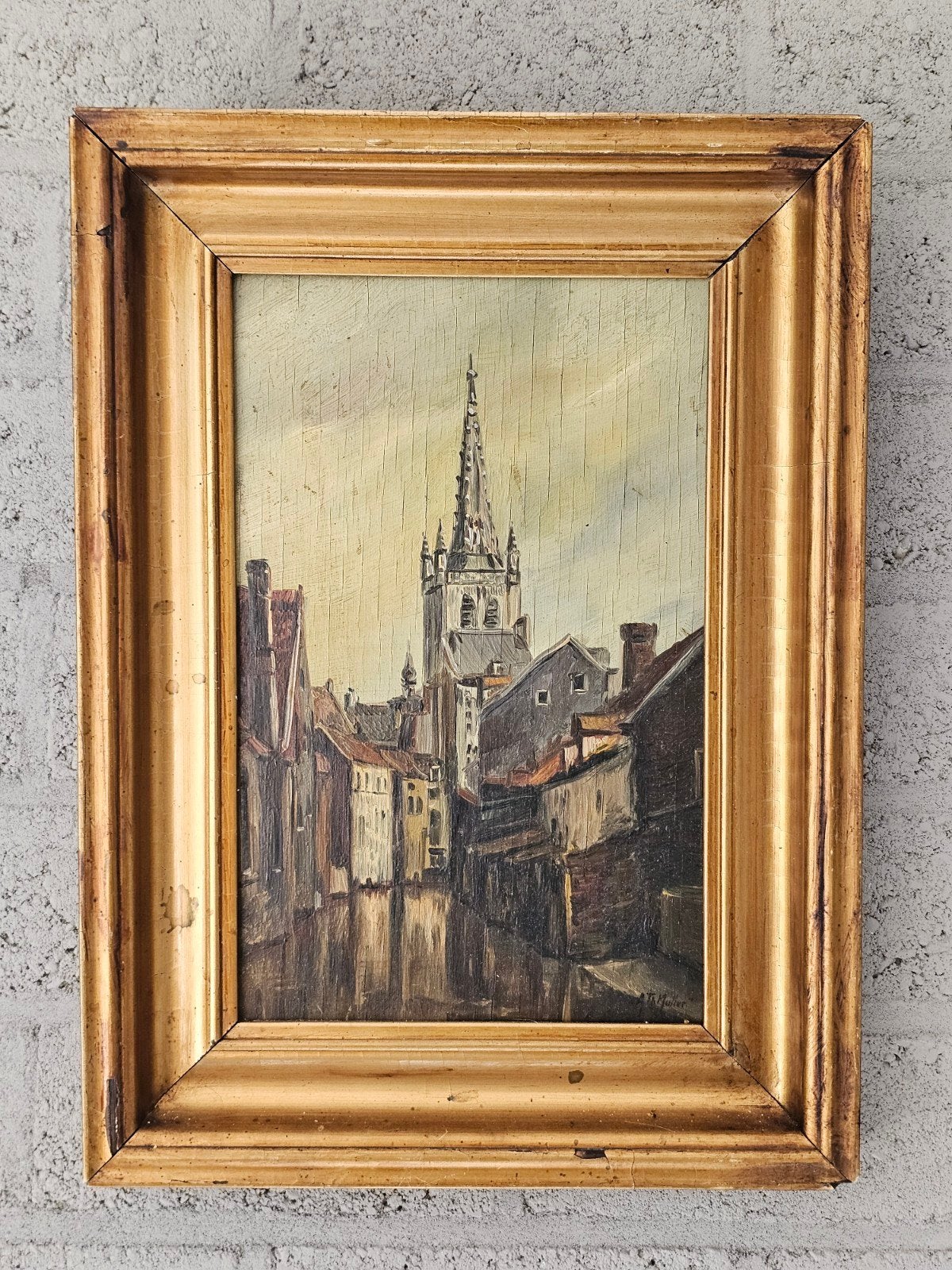 Olieverfschilderij Stadsgezicht met Kerk - Gesigneerd, Antiek en Kunst, Ophalen of Verzenden