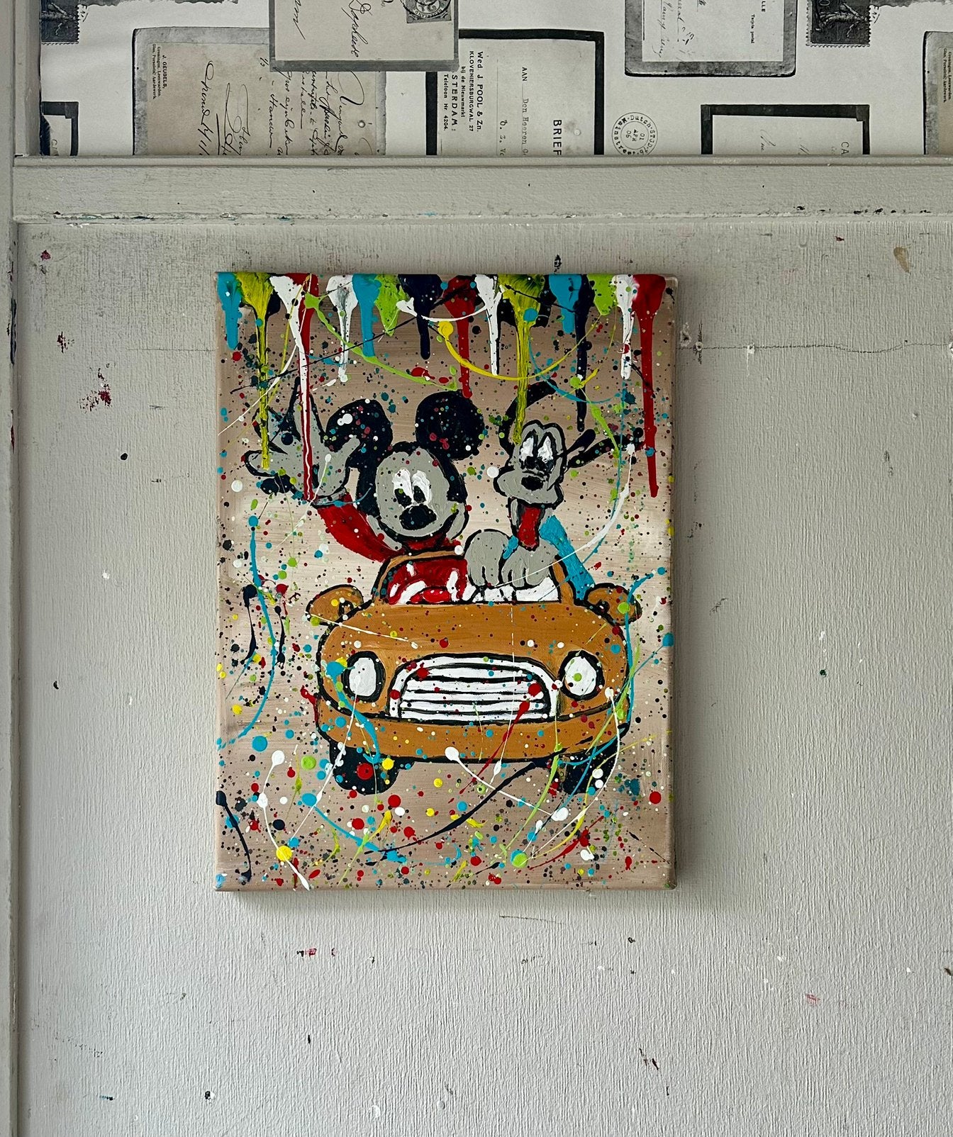 Mickey Mouse & Goofy- Handgeschilderd- Origineel, Ophalen of Verzenden, Textiel, Handgeschilderd, Acrylverf
