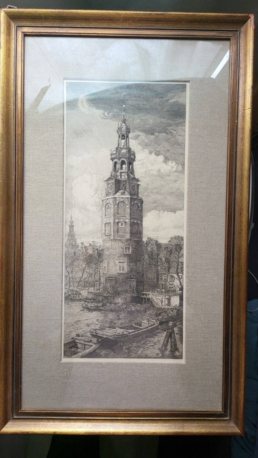 Grote ets Montelbaanstoren Amsterdam - Pieter Dupont, Ets, Stadsgezicht, Ingelijst, Ophalen of Verzenden