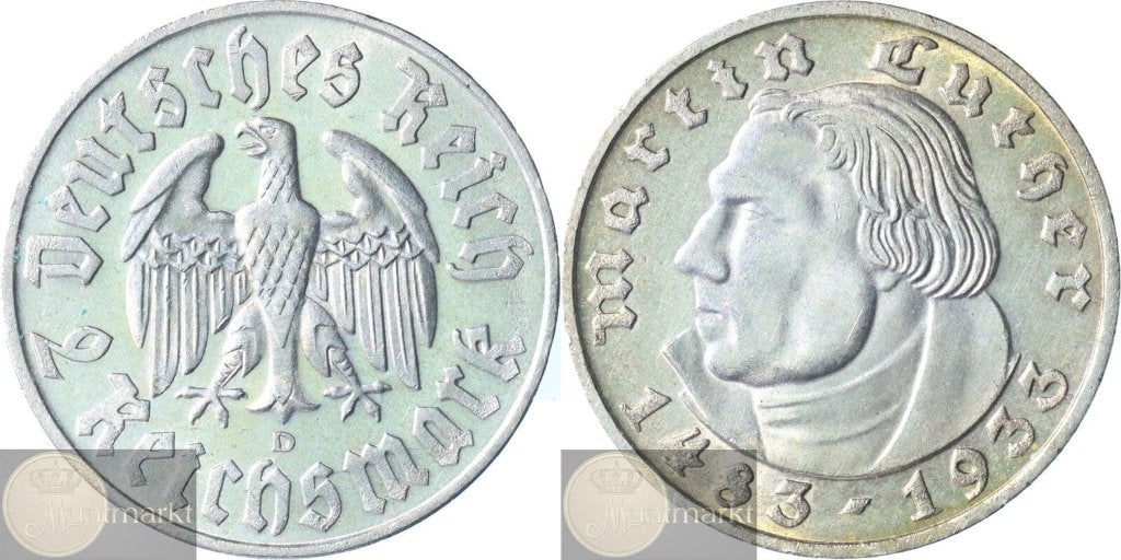 Duitsland - Derde Rijk 2 Reichsmark 1933 D 'WWII Luther', Ophalen of Verzenden, Duitsland, Losse munt, Zilver