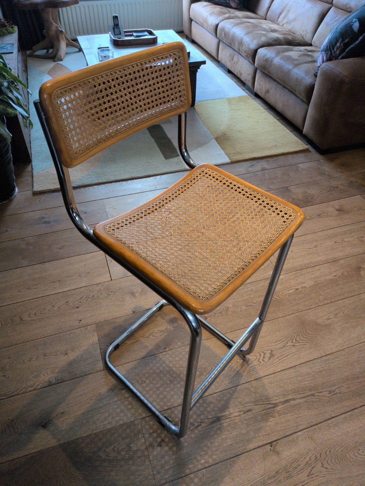 Vintage webbing stoel bar kruk replica Marcel Breuer Cesca, Ophalen, Gebruikt, Bruin, Metaal