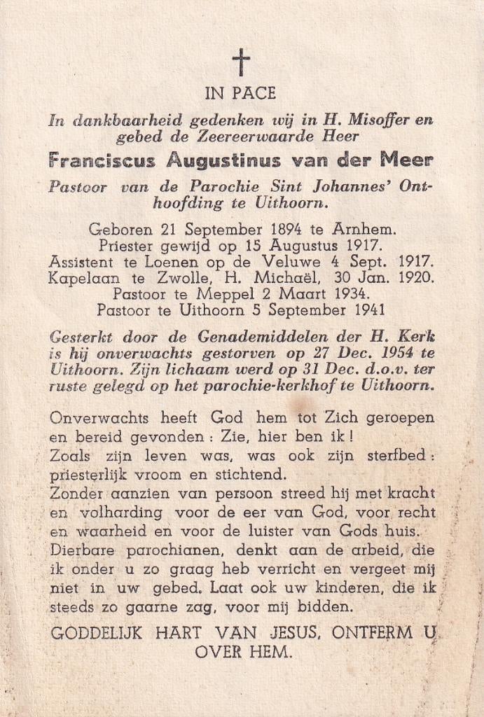 Meer Franciscus 1894 Arnhem 1954 Uithoorn Priester, Ophalen of Verzenden, Bidprentje