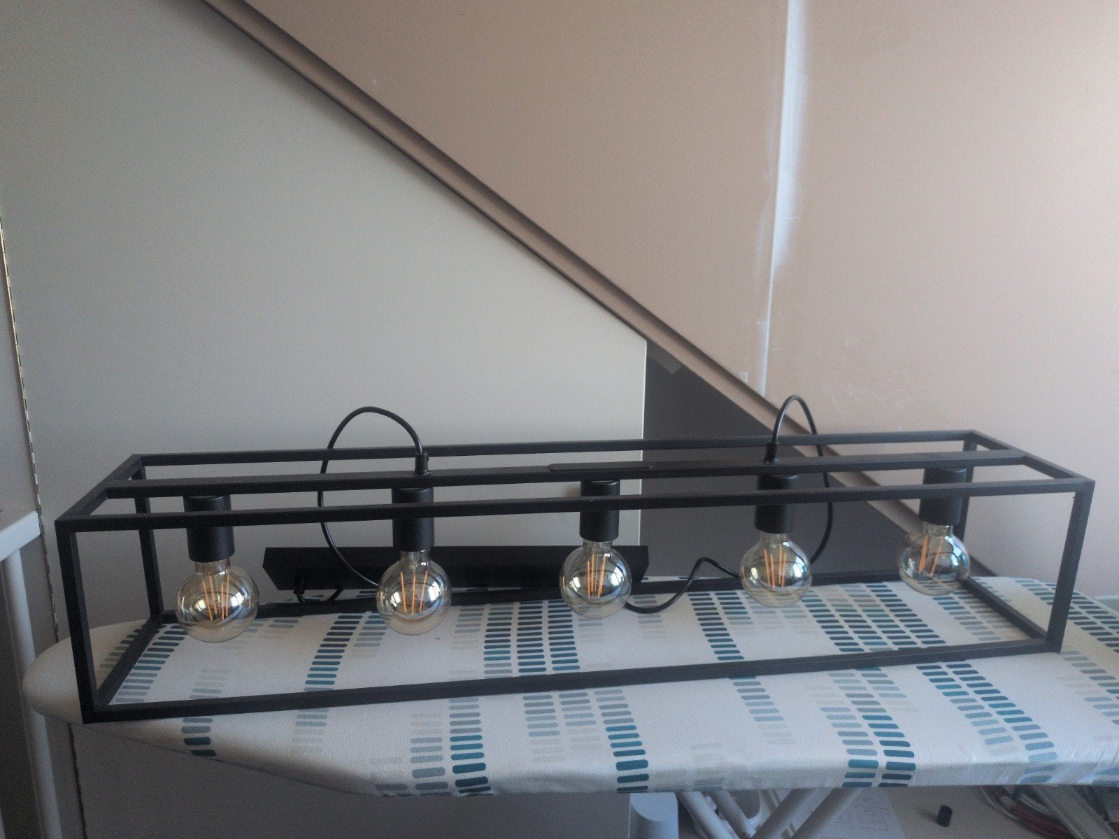 Industriële hanglamp zwart, rechthoekig, 5 lichtpunten, Ophalen, E27 (groot), Zo goed als nieuw, Metaal
