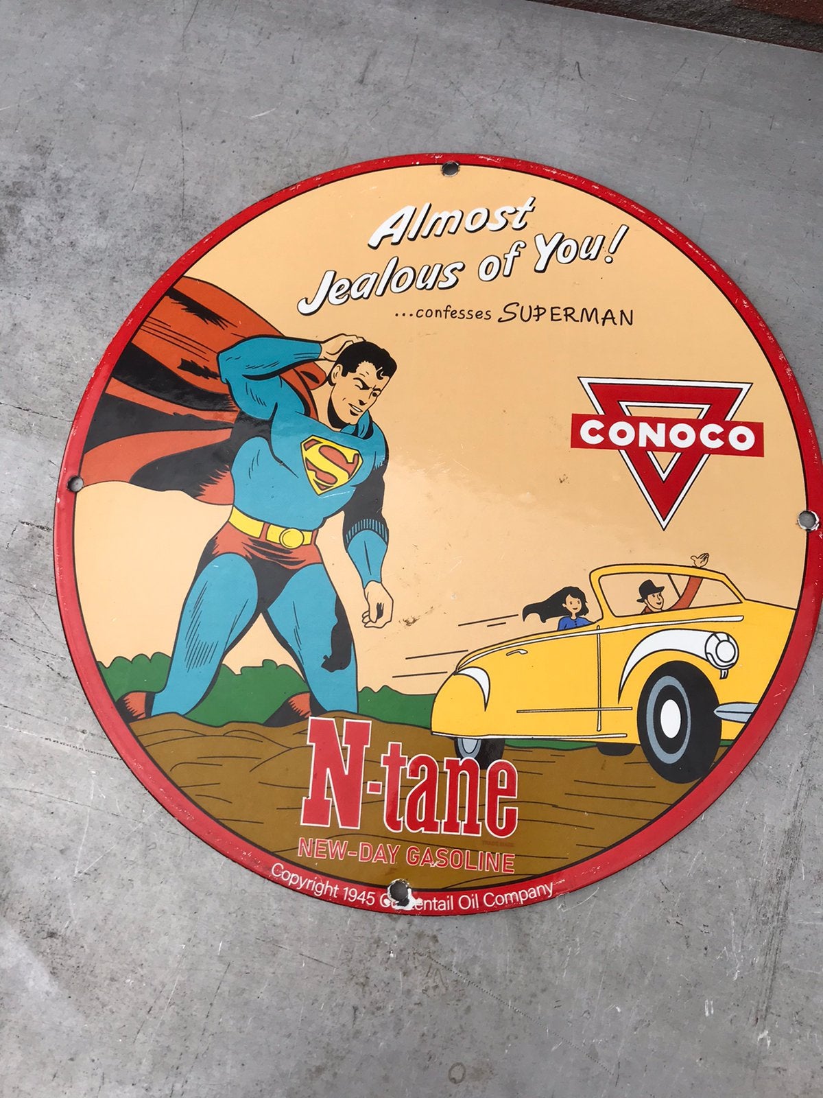 Conoco Superman emaille bordje, Ophalen of Verzenden