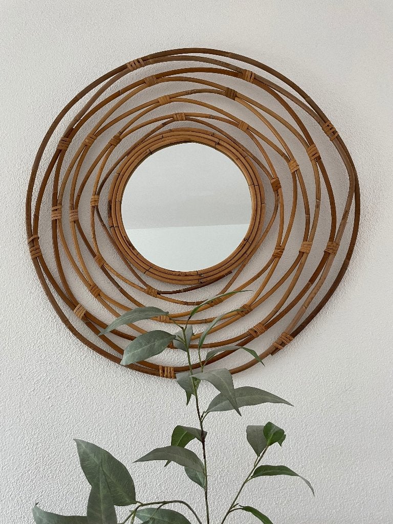 Retro 80s spiegel bamboe, Rond, Ophalen of Verzenden, Zo goed als nieuw, Minder dan 100 cm