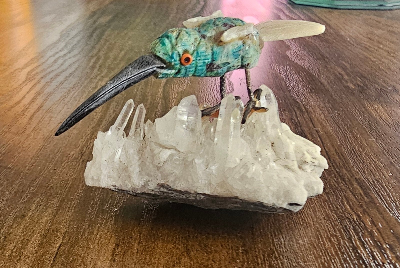 Handgemaakt Kolibrie Sculptuur op Kristallen Basis, Antiek en Kunst, Minder dan 20 cm, Natuurlijk materiaal, Ophalen of Verzenden