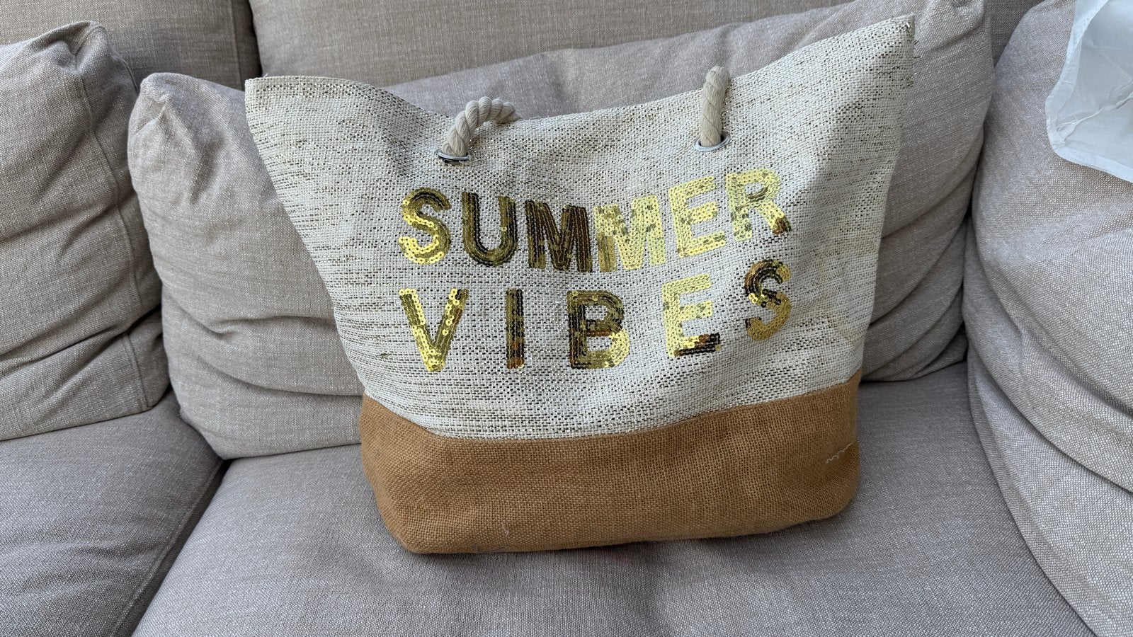 Strandtas 'SUMMER VIBES' - Natuurlijk linnenlook met goud, Ophalen of Verzenden, Nieuw, Beige, Shopper