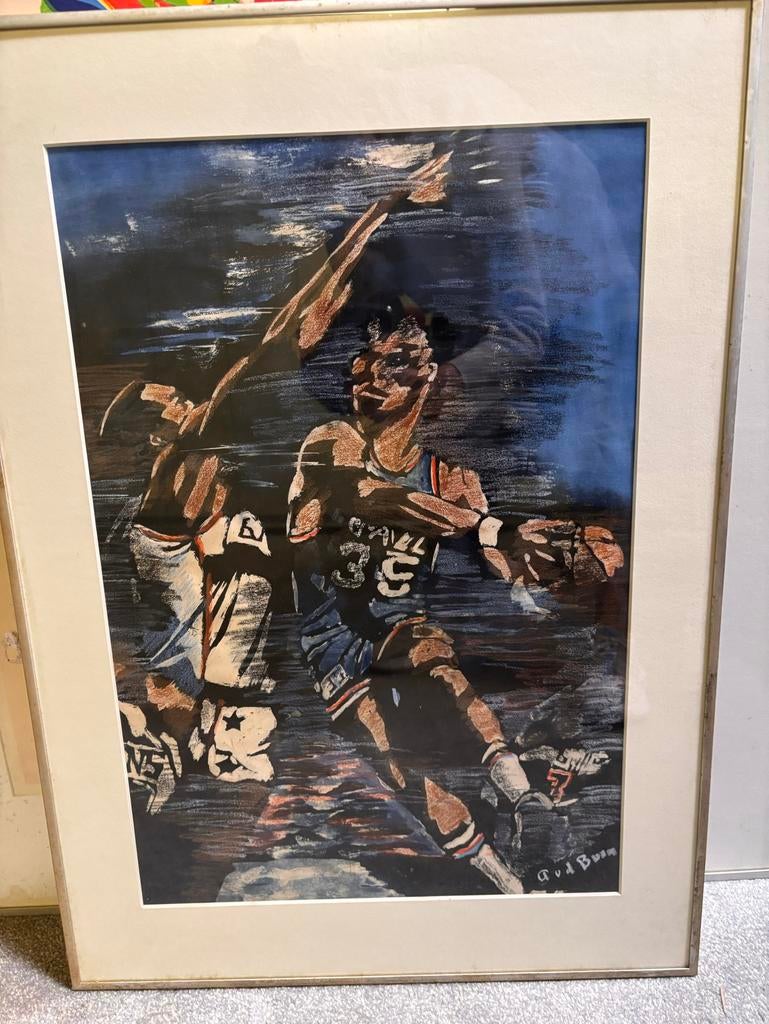 Vintage basketbalkunstwerk gesigneerd door A.v.d. Burg, Antiek en Kunst, Kunst | Schilderijen | Klassiek, Ophalen