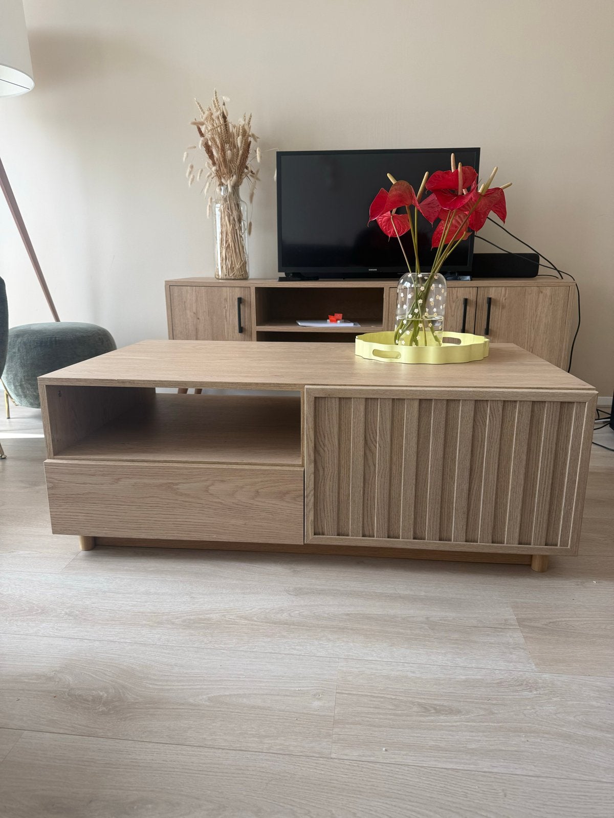 Moderne salontafel met opbergruimte - Eikenhout look, Huis en Inrichting, Tafels | Salontafels, Ophalen, 100 tot 150 cm, 50 tot 100 cm