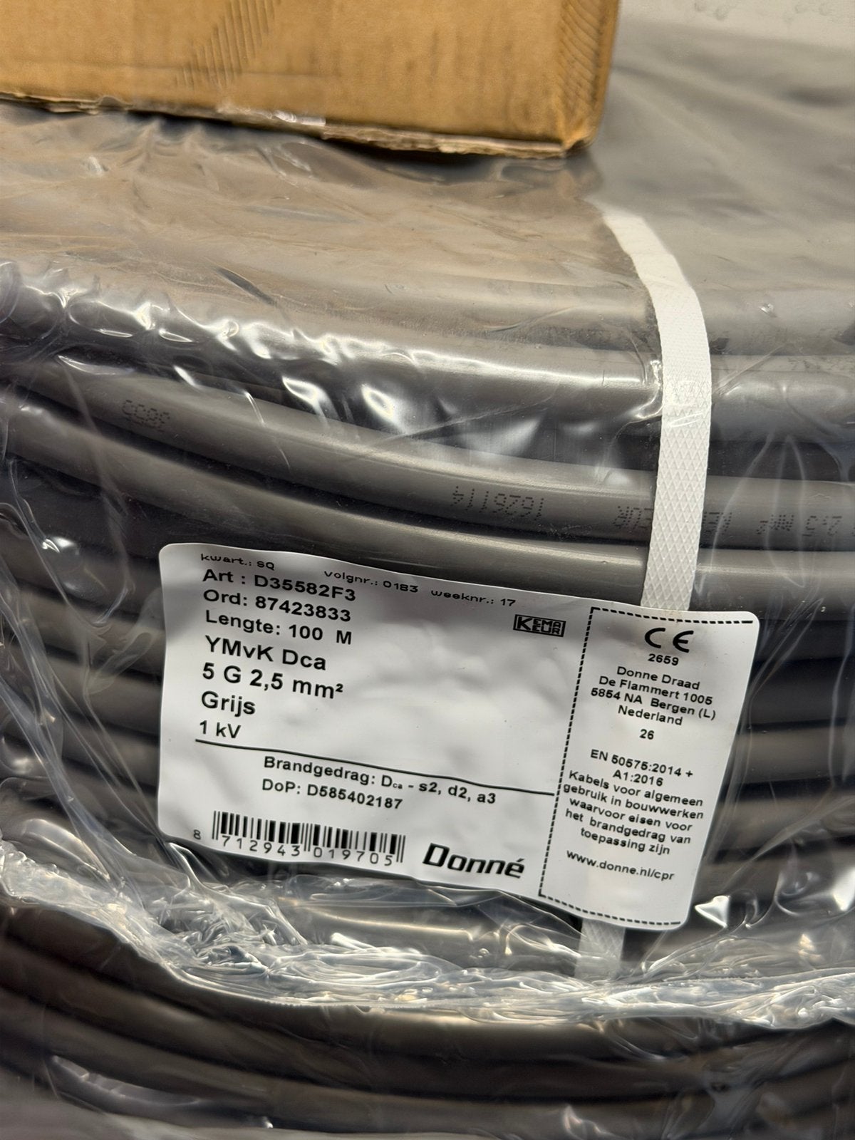 YMVK Dca 5G2,5 mm² Grijs – 100 meter rol – Nieuw, Ophalen, Zo goed als nieuw, Kabel of Snoer