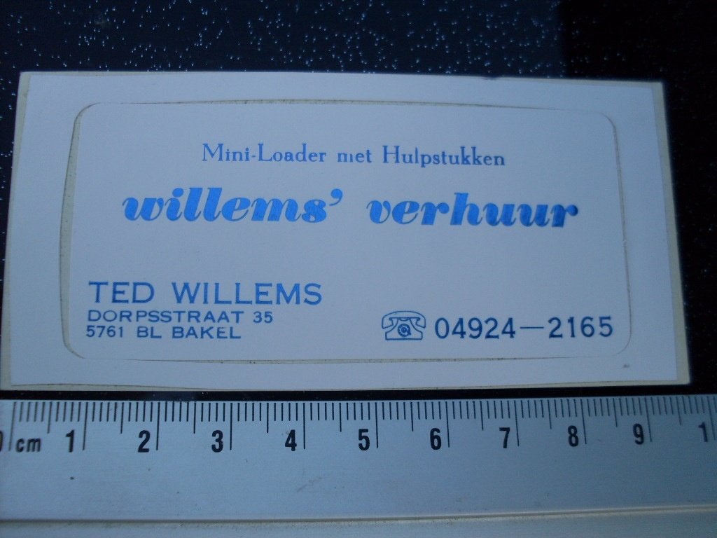 sticker Willem's verhuur ted bakel logo mini-loader, Verzenden, Zo goed als nieuw, Bedrijf of Vereniging
