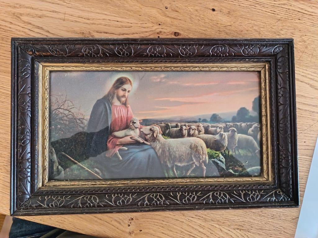 Vintage Jezus de Goede Herder schilderij in lijst, Antiek en Kunst, Antiek | Religie, Ophalen of Verzenden