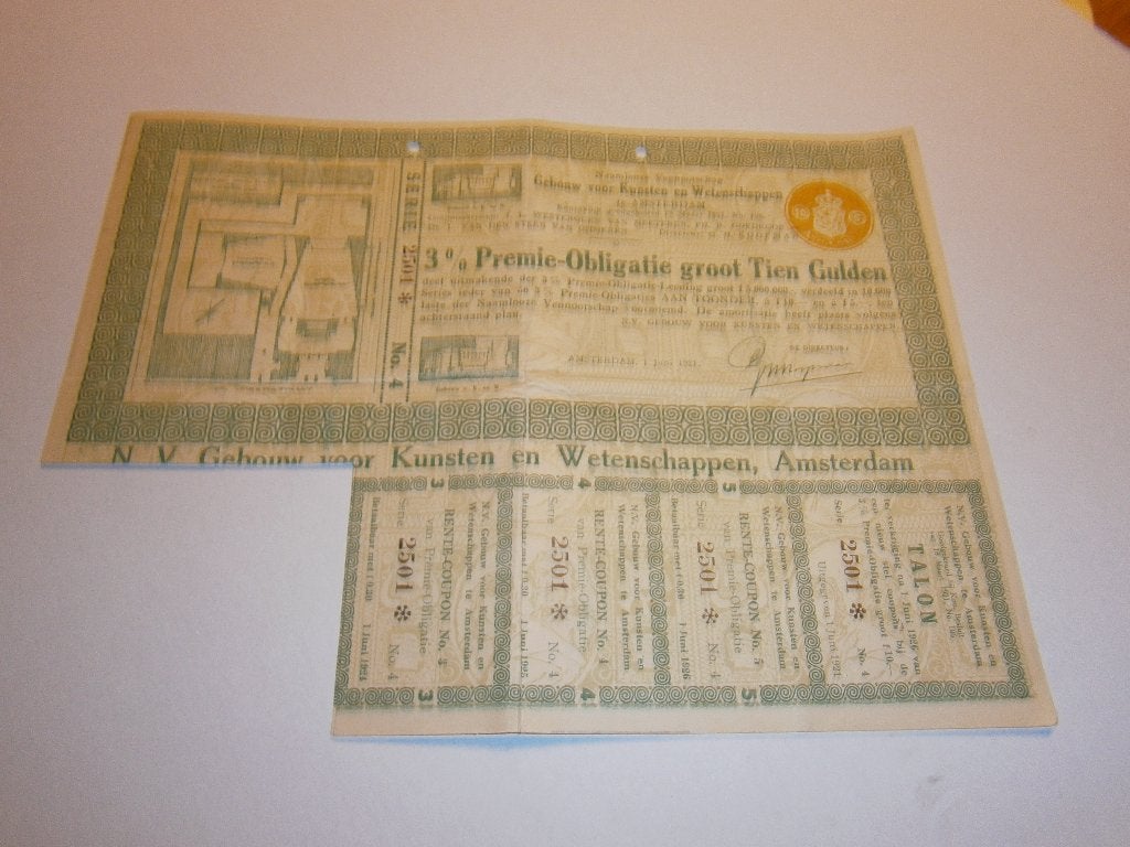 Obligatie Kunst en Wetenschappen, 1921, Ophalen of Verzenden, 1920 tot 1950, Obligatie of Lening