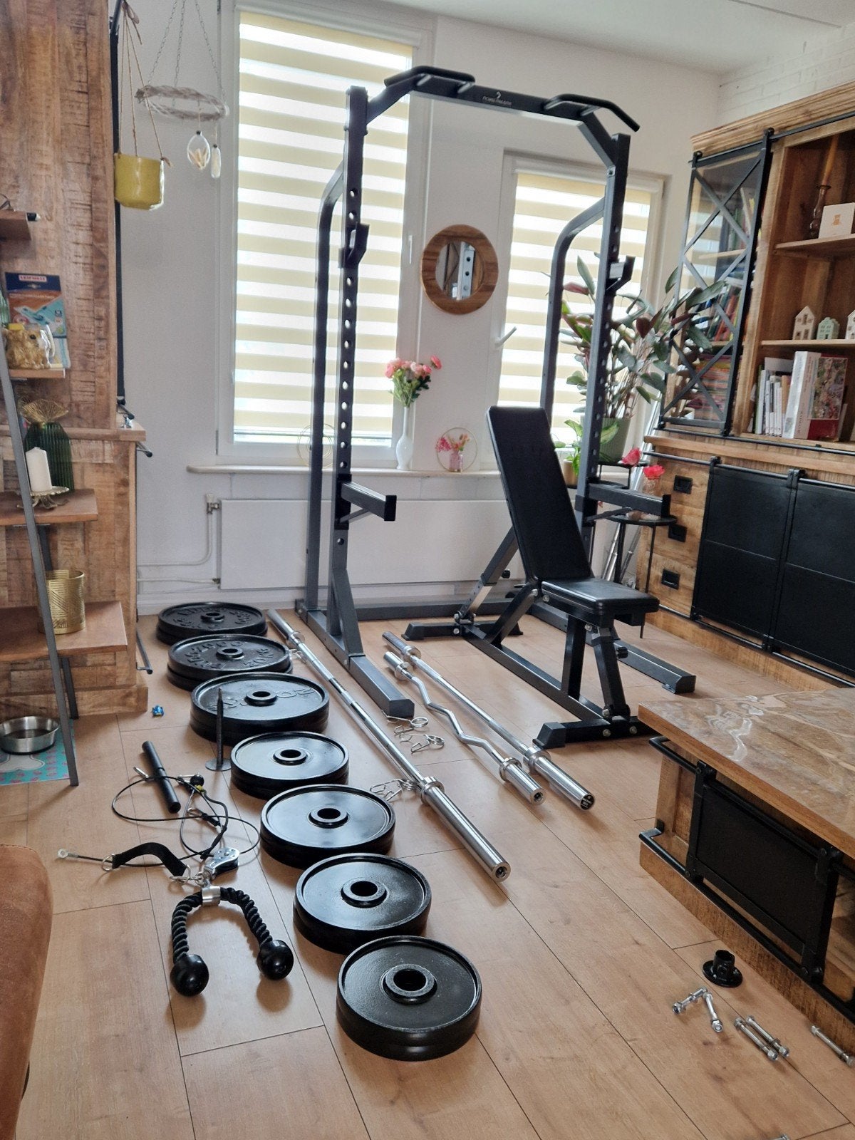 squatrek bankje haltetstangen en 185kg olympische gewichten, Sport en Fitness, Fitnessmaterialen, Ophalen, Zo goed als nieuw, Halterstangen